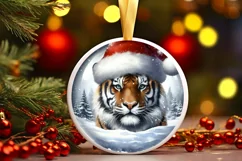 Winter Scene Tiger Portrait with Santa Hat Sublimation PNG Product Image 1