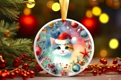 Colorful Christmas Cat Round Ornament Sublimation PNG Product Image 3