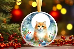 Colorful Christmas Cat Round Ornament Sublimation PNG Product Image 3