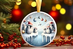 Winter Scene with Penguins Round Ornament Sublimation PNG Product Image 1