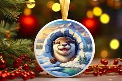 Snow Otter Smiling Winter Round Sticker Ornament Product Image 3