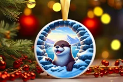 Snow Otter Smiling Winter Round Sticker Ornament Product Image 1