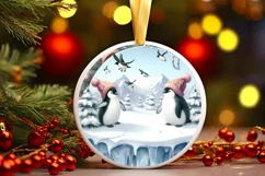 Watercolor Christmas Penguins 3D Round Sticker Product Image 1