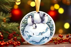 Watercolor Christmas Penguins 3D Round Sticker Product Image 2