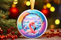 Icy Wall Flamingo Winter Round Sticker Ornament Product Image 1