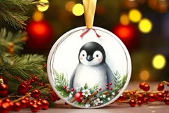 Watercolor Penguin Round Christmas Ornament Sublimation PNG Product Image 3