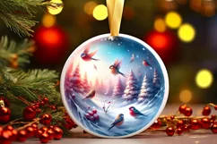 Winter Scene with Birds Round Christmas Ornament Sublimation Product Image 1