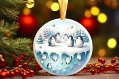 Colorful Christmas Penguins Round Ornament Sublimation PNG Product Image 1