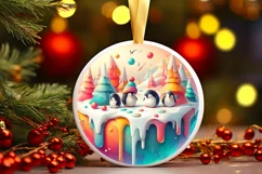 Colorful Christmas Penguins Round Ornament Sublimation PNG Product Image 1