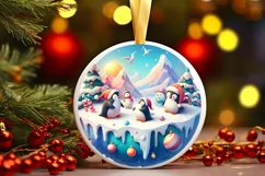 Colorful Christmas Penguins Round Ornament Sublimation PNG Product Image 2
