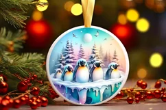 Colorful Penguins Winter Scene Round Ornament Sublimation Product Image 3