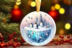 Colorful Penguins Winter Scene Round Ornament Sublimation Product Image 2