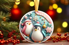 3D Pastel Christmas Round Ornament Sublimation Penguins Product Image 1
