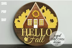 Autumn Cabin House SVG | Hello Fall Wood Round Sign SVG Product Image 1