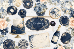 Navy Blue Floral Wedding Watercolor Clipart Product Image 1