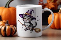 Halloween Kitten Sublimation PNG | Cute Witch Cat with Broom Product Image 2