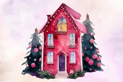 Pink Christmas House Watercolor Clipart PNG Product Image 4