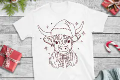 Christmas Highland Cow SVG | Santa Hat & Plaid Bow Line Art Product Image 3