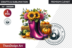 Autumn Floral Rain Boots PNG, Fall Flower in Wellies Clipart Product Image 1