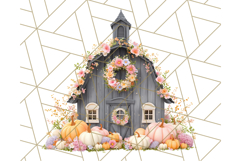 Fall Barn Clipart PNG With Pumpkins and Flowers, Autumn Png Product Image 3