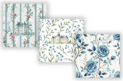 French Chateau Watercolor Pattern, Blue Floral Pattern Product Image 3