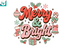 Merry &amp; Bright PNG, Retro Christmas Sublimation, Christmas Product Image 1