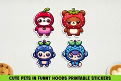 Cute pets in funny hoods printable stickers|Kawaii animals. Product Image 1
