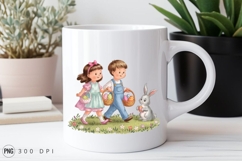 Easter Watercolor Kids With Bunny And Eggs Sublimation PNG Product Image 2