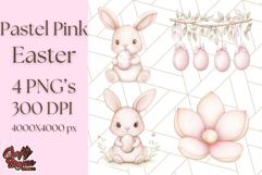 Pastel Pink Easter Bunny Egg and Flowers Clipart PNG Product Image 1