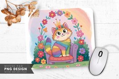 Regal Rainbow Cat on a Floral Throne Mouse Pad PNG Design Product Image 1