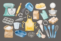 Watercolor Baking Supplies Clipart Set, Kitchen Utensils PNG Product Image 4