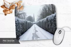 Snowy Cottage with Frosty Trees Mouse Pad PNG Product Image 1