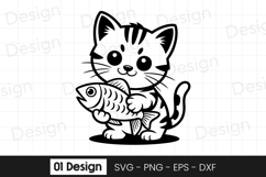 Cute Kitten with Fish Cartoon SVG PNG Product Image 1