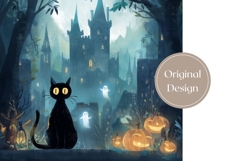 Spooky Halloween Castle Tumbler, Black Cat Tumbler Wrap Product Image 3