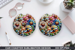 Flower Car Coaster Sublimation| Summer Flowers Coaster PNG Product Image 1