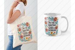 Colorful Boho floral Christian sublimation design featuring a bold white cross, hand-drawn wildflowers, and uplifting Bible verse &quot;In the Waiting, God is Working.&quot; Perfect for faith-based t-shirt printing, mugs, and wall art. This high-resolution PNG is i