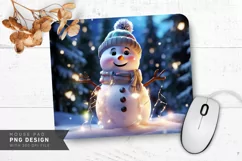 Snowman with Twinkling Fairy Lights and Snowflakes Mouse Pad Product Image 1