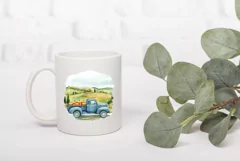 Blue Farm Truck Illustration, Watercolor Farm Pumpkins PNG Product Image 3