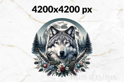 Boho Wolf Full Moon PNG, Mystic Botanical Sublimation Design Product Image 2
