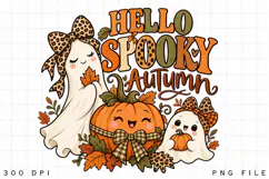 Hello Spooky Autumn PNG, Cute Ghost and Pumpkin Fall Product Image 1