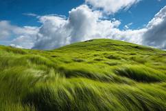 Vibrant Green Grass Hill Background with Blue Sky Clouds Product Image 1