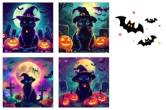 Neon Halloween Cat Square Coasters, Cartoon Black Cat PNG Product Image 3