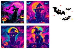 Neon Halloween Square Coasters, Black Cat Square Coasters Product Image 3