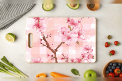 Pink Sakura Flowers Plaid Cutting Boards sublimation Designs Product Image 3