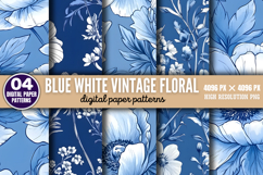 Blue White Vintage Floral Chinoiserie Digital Paper PNG Product Image 1