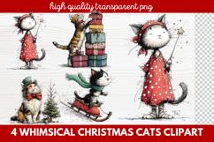 4 Whimsical Christmas Cats Clipart | Cute Holiday Cat PNG Product Image 1