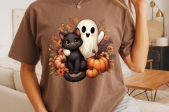 Fall Halloween Ghost And Cat Png, Floral Halloween Png. Product Image 3