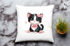 Cute Black and White Kitten with Pink Bow Floral Cat Clipart Product Image 3