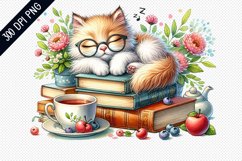 Books And Sleeping Cat Sublimation - Clipart PNG Design Product Image 1