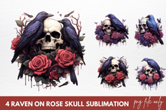Raven On Rose Skull Sublimation Clipart, Watercolor Clipart Product Image 1